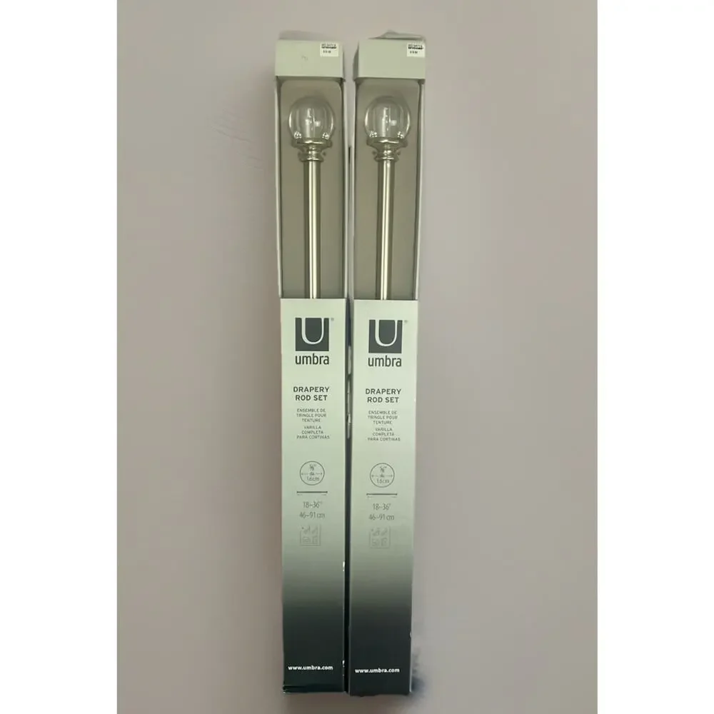 Umbra Drapery Curtain Rod Set of (2) Two 18-36” Brushed Nickel Acrylic Ball NOS